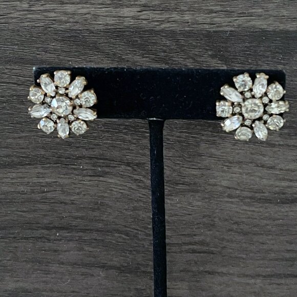 J. Crew Clear Crystal Sunburst Gold Tone Round Pierced Stud Earrings .75" - Picture 1 of 5